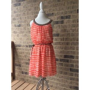 Three Pink Heart Orange White Tie Dye Summer Dress Beaded Neckline Size L MSRP58